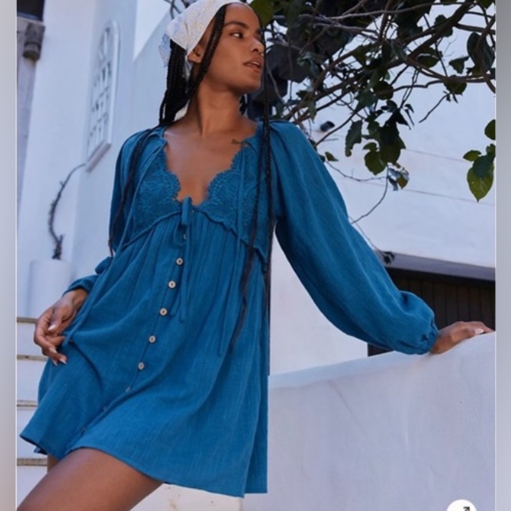 Free People Summer Struttin Puff Long Sleeve Mini Dress Dark Teal